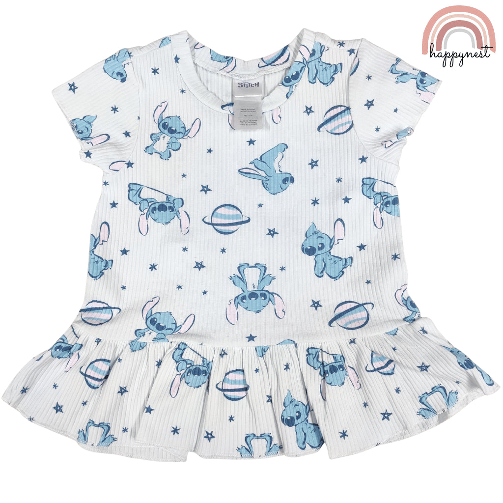 Disney Stitch Girls Kid 2-Pc Ruffle Top & Shorts Set | 2-6 Years White Ribbed Cotton (B7)