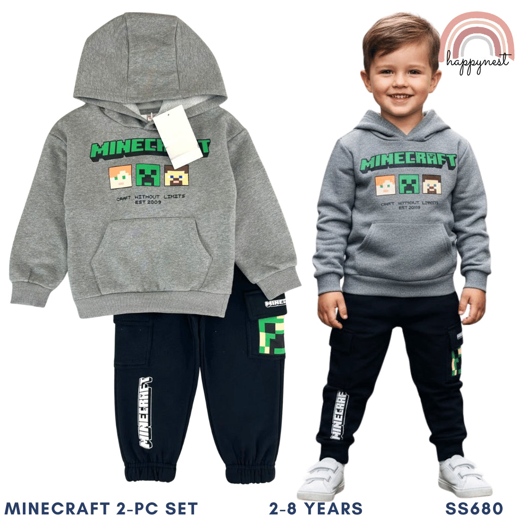 Minecraft Kids Boys 2-Pc Hoodie & Cargo Joggers Set | Grey Tracksuit | 2-8 Years (SS680)