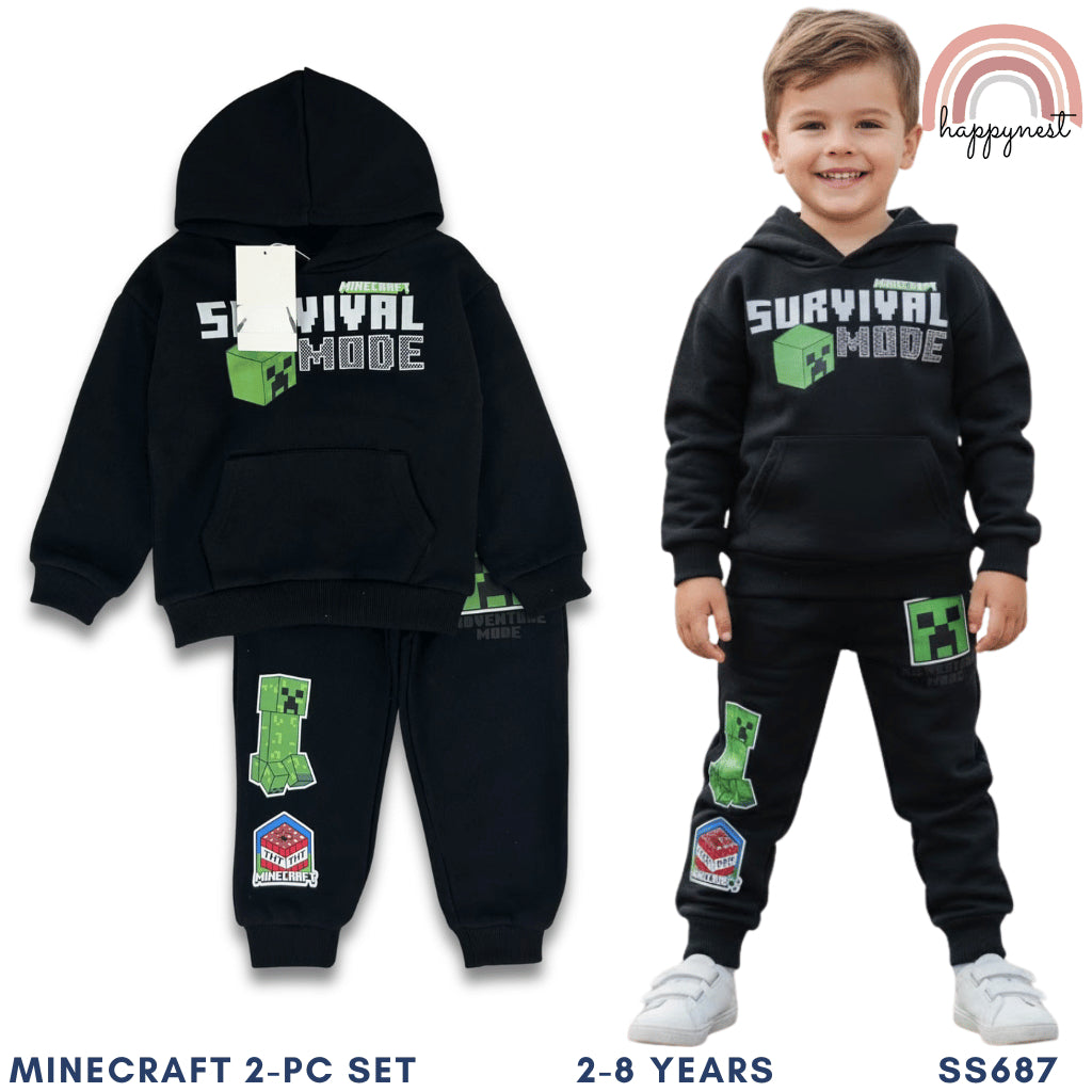 Minecraft Boys 2-Pc Gaming Hoodie & Joggers Set | Survival Mode Black Tracksuit | 2-8 Years (SS687)