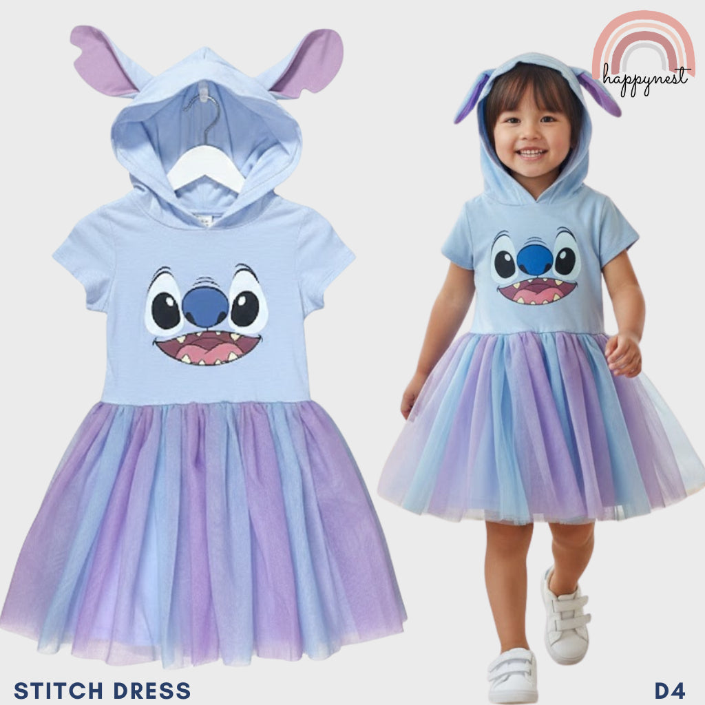 Stitch Kids Hooded Tulle Dress - Cute Character Tutu Dress for Girls (D4)