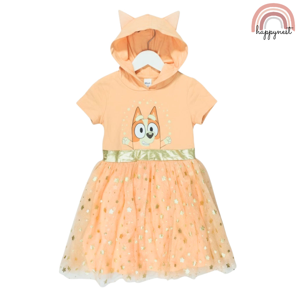 Bingo Bluey Kids Hooded Tutu Dress - Sparkly Peach Character Dress for Girls (D6)