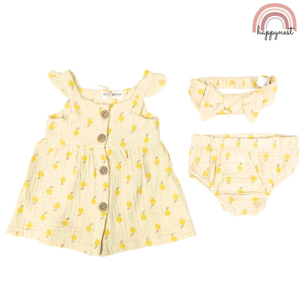 Baby Girl Clothes 3-Piece Set Yellow Lemon Print Dress Headband 0-12 Months AA316
