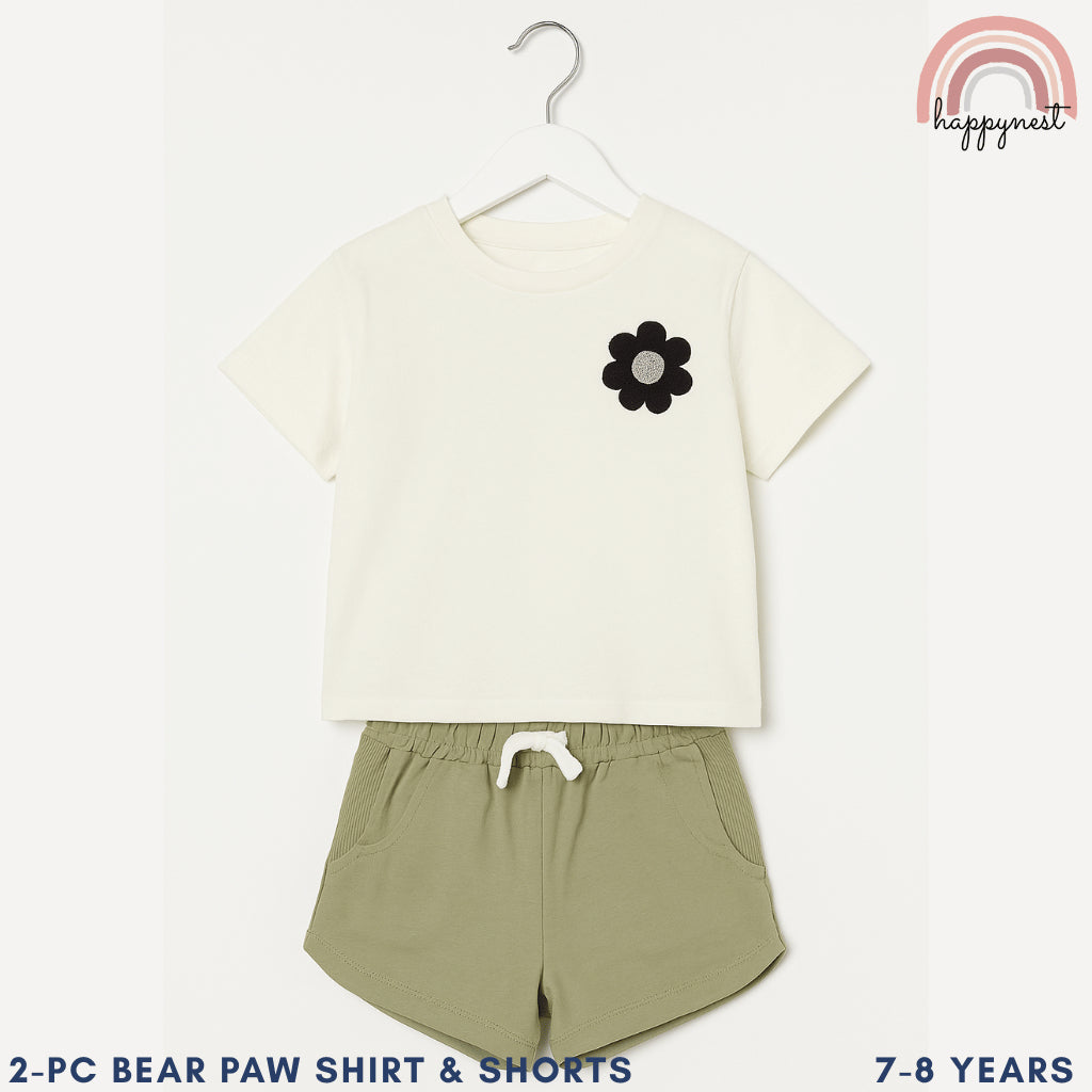 Kids Clothes Set 2pcs Bear Paw Shirt and Shorts Outfit for Girls 7-8 Years AA336