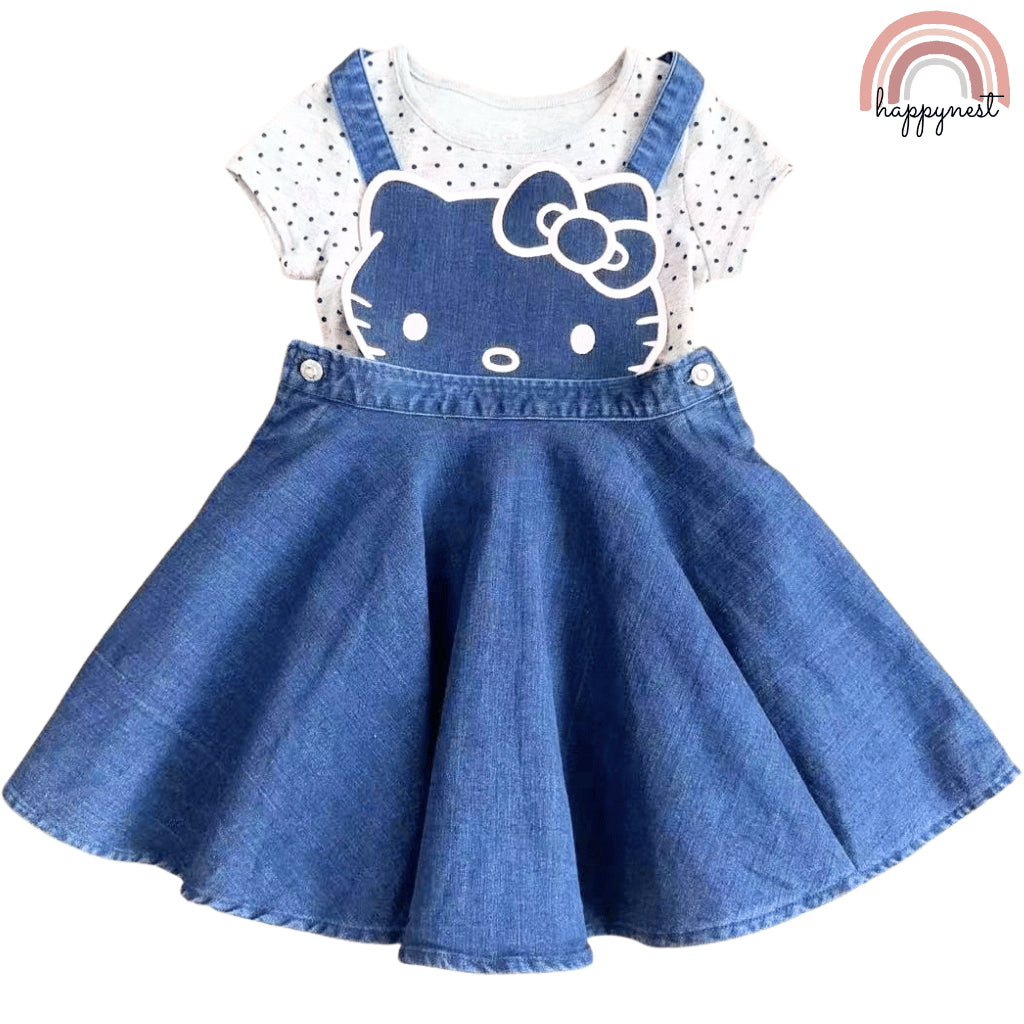 Hello Kitty Girls Denim Jumper Dress – Shirt & Skirt Outfit | Overruns Quality | 2–7Y (AA310)