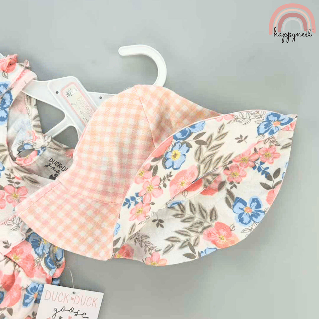 Floral 3-Piece Baby Set: Cute Dress, Bloomer & Reversible Sun Hat 6–24M – AA254