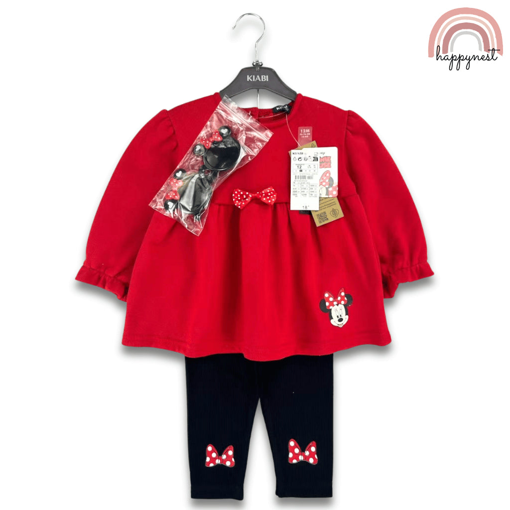 Minnie 3PC Red Outfit – Long Sleeve Dress Top, Leggings & Sunglasses | Overruns | 6–36M (SS559)