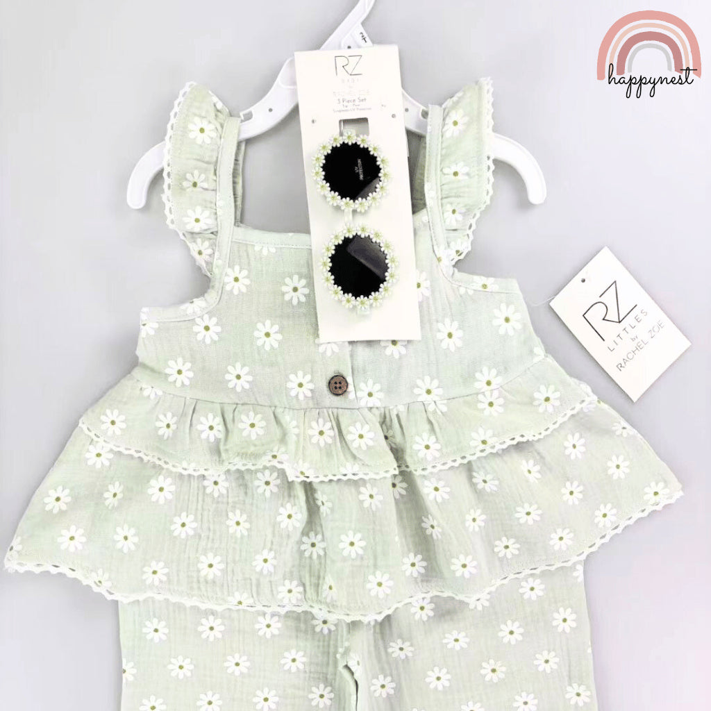 Rachel Zoe 3-Piece Sage Green Daisy Baby Set with Top, Pants & Sunglasses (2–4 Years) | AA368