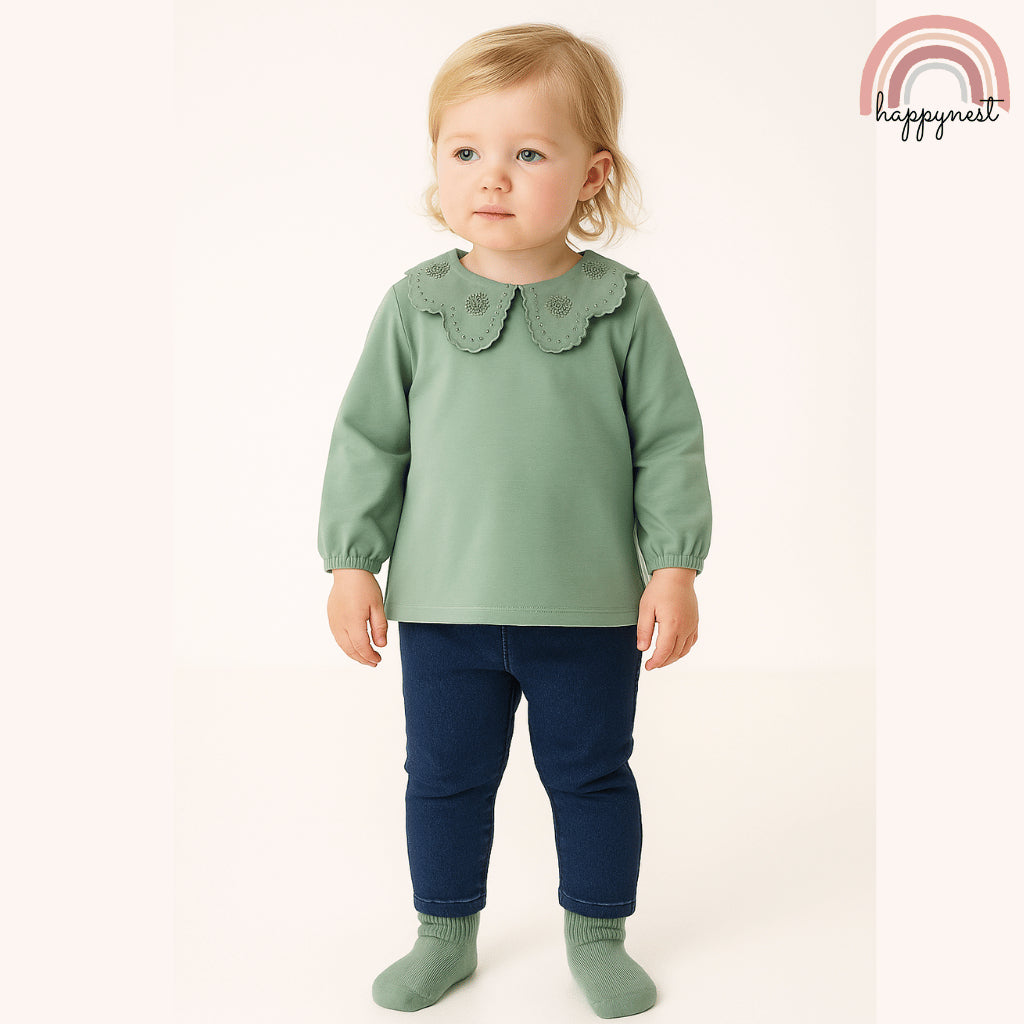 Kiabi 3-Piece Baby Set with Green Scallop Collar Top, Jeggings & Socks (3–36 Months) | SS553