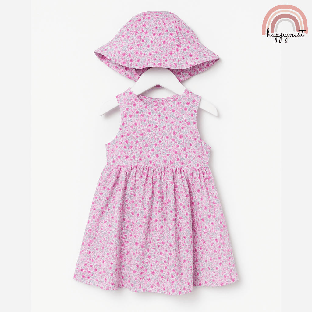 Cute Pink Floral Dress and Hat Terno for Baby Infant Girls 3-24 Months AA374