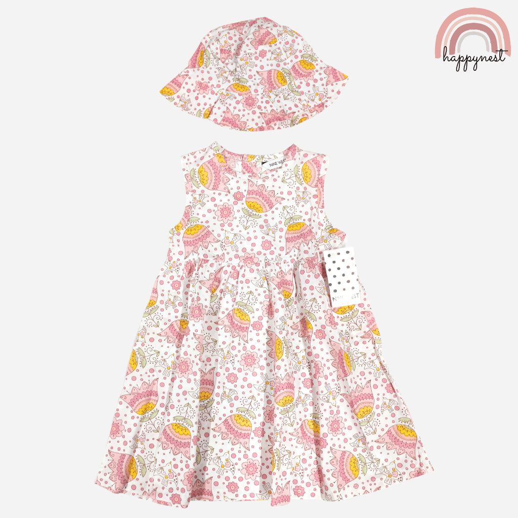 Sweet Owl and Flowers Print Dress and Hat Terno for Little Girls 4-7 Years AA379