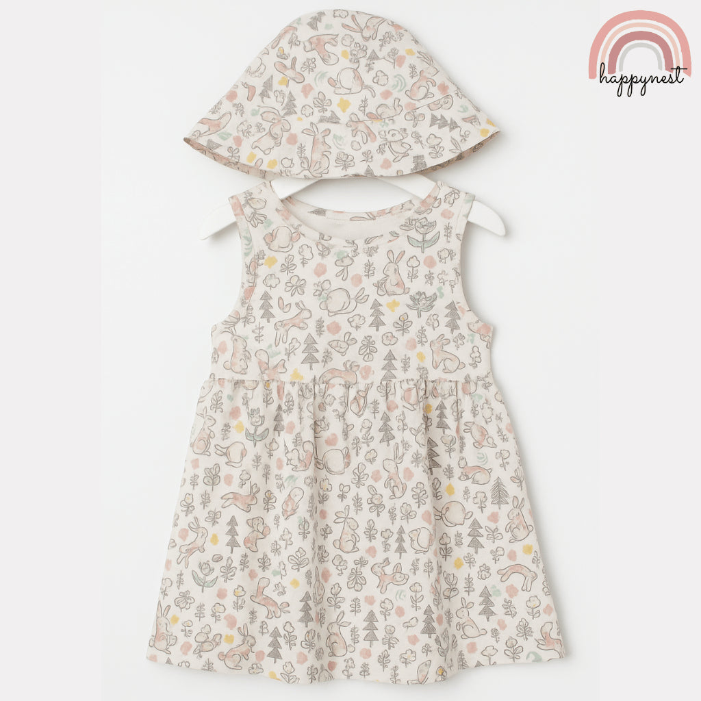 Woodland Bunny Print Dress & Hat Set for Girls 4-7Y AA383