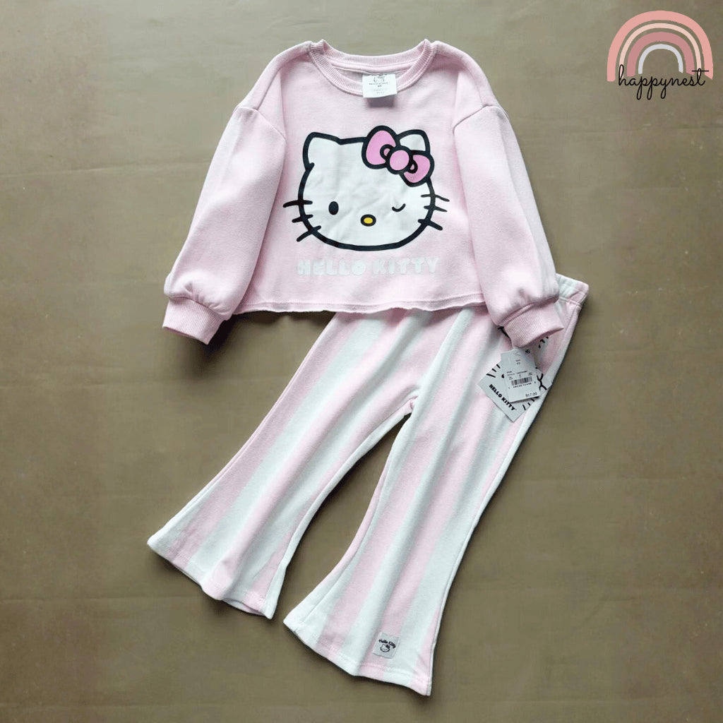 HELLO KITTY Girls Kids 2PC Set Pink White Sweater Striped Pants Fashion School 3-8Y SS615