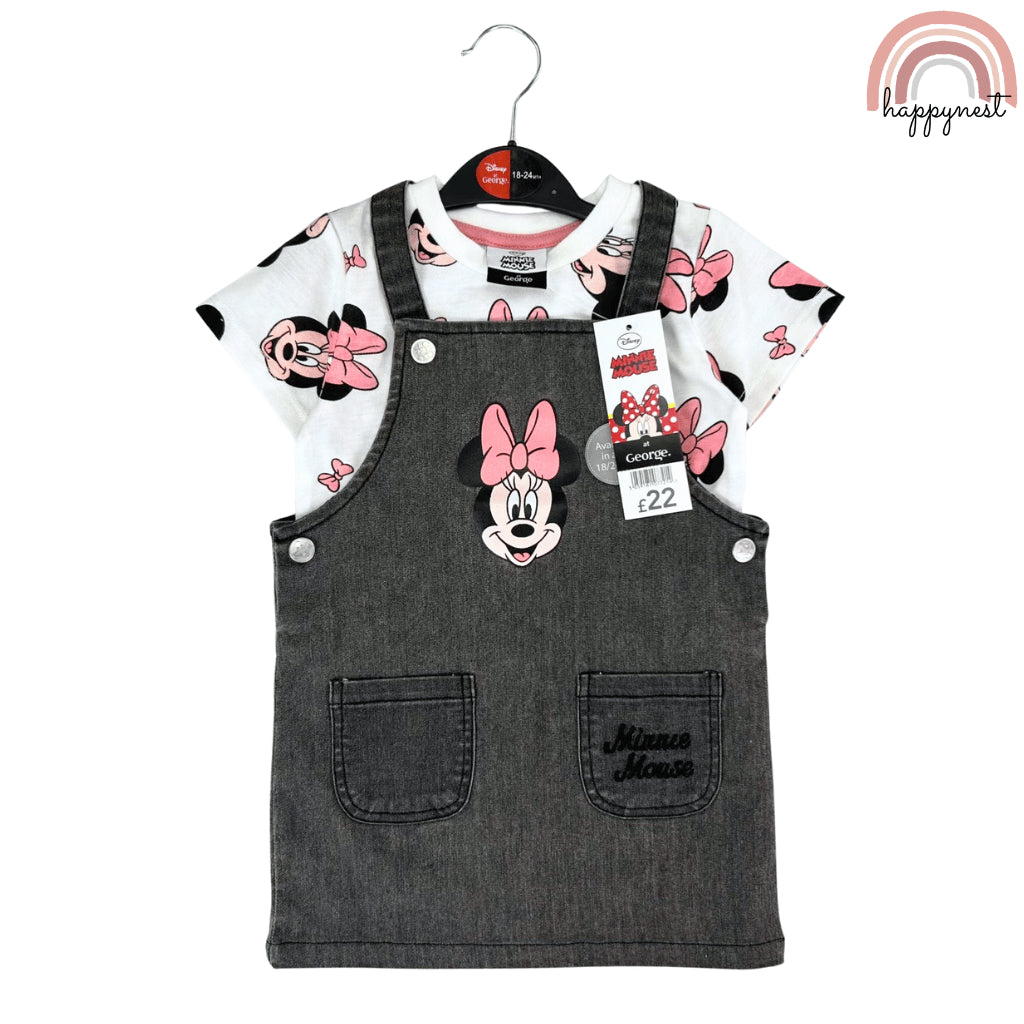 Minnie Baby 2-Pc Pinafore Dress & Tee Set | Grey Denim Style | 0-36 Months (AA479)