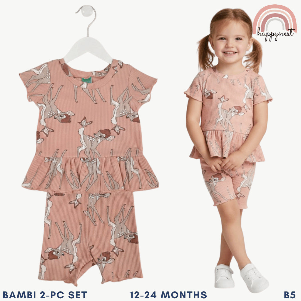 Disney Bambi Toddler Girls 2-Pc Ruffle Top & Shorts Set | Ribbed Cotton | 12-24 Months (B5)
