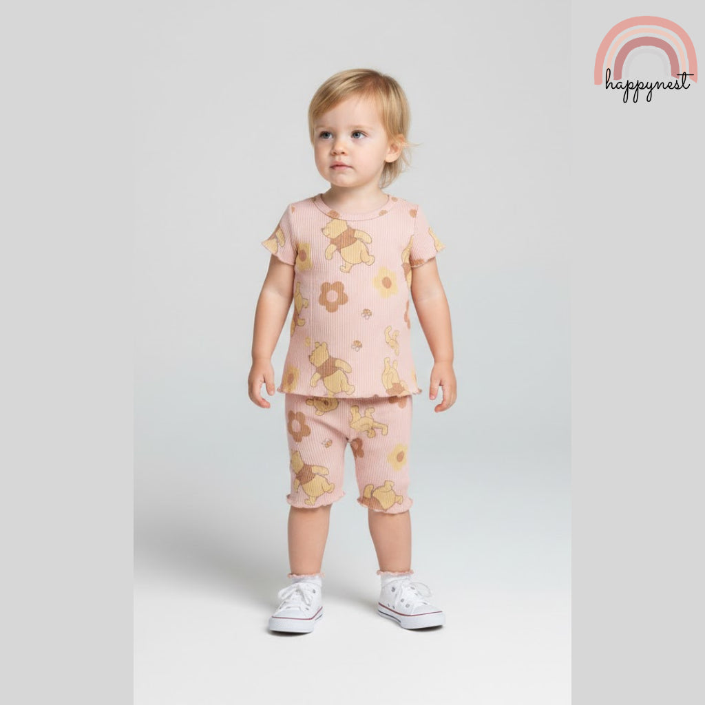 Disney Winnie the Pooh Toddler Girls 2-Pc Ruffle Set | Peach Ribbed Cotton | 12-24 Months (B10)