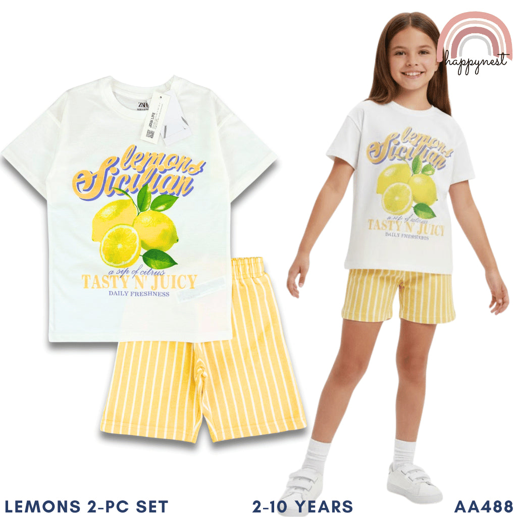 Sicilian Lemons Girls 2-Pc T-Shirt & Striped Shorts Set | Fresh Summer Outfit | 2-10 Years (AA488)