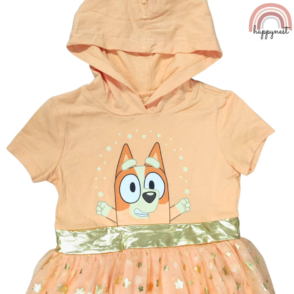 Bingo Bluey Kids Hooded Tutu Dress - Sparkly Peach Character Dress for Girls (D6)