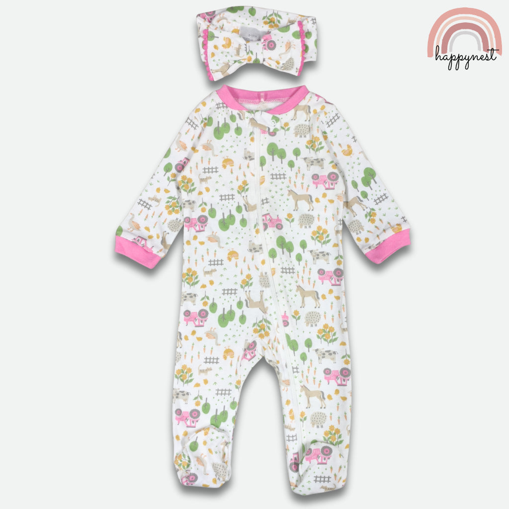 Rugged Bear Baby Girl Sleepsuit & Headband Set. | Farm Print (B54) 6-9 Months