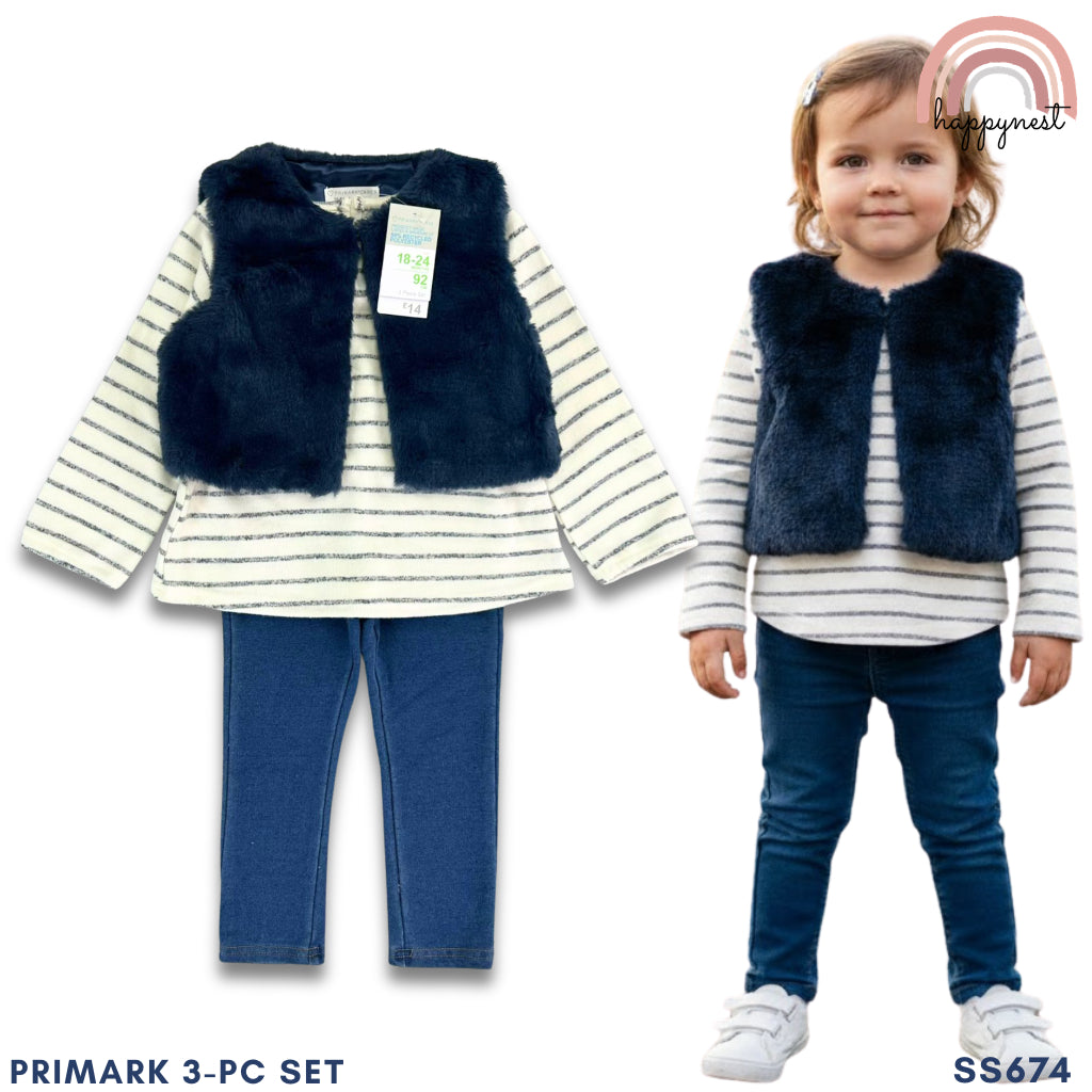 Primark Girls 3-Pc Set | Faux Fur Vest, Striped Tee & Leggings | 0-36M (SS674)