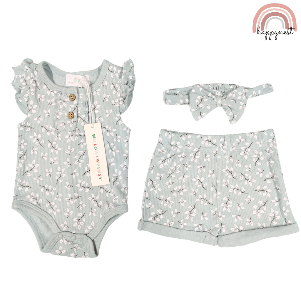 Baby Girl Blue Clothes 3pcs Romper Shorts and Headband Outfit 0-12 Months AA319