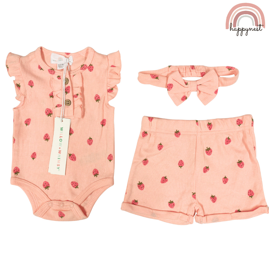 Baby Girl Orange Clothes 3pcs Strawberry Romper Shorts and Headband Outfit 0-12M AA320