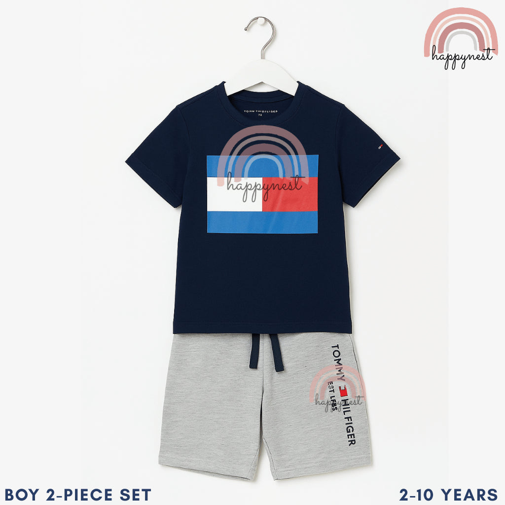 Boys Casual OOTD – Navy Blue Graphic Shirt & Grey Shorts Set | 2–10 Years (AA309)