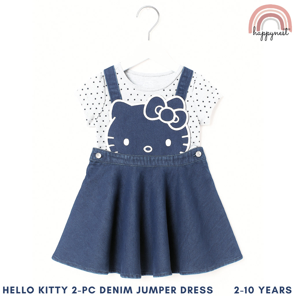 Hello Kitty Girls Denim Jumper Dress – Shirt & Skirt Outfit | Overruns Quality | 2–7Y (AA310)