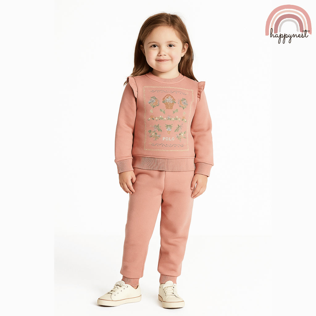Polo Girls Tracksuit – Floral Sweatshirt & Jogger Pants Set | Overruns Quality | 2–8 Years (SS524)