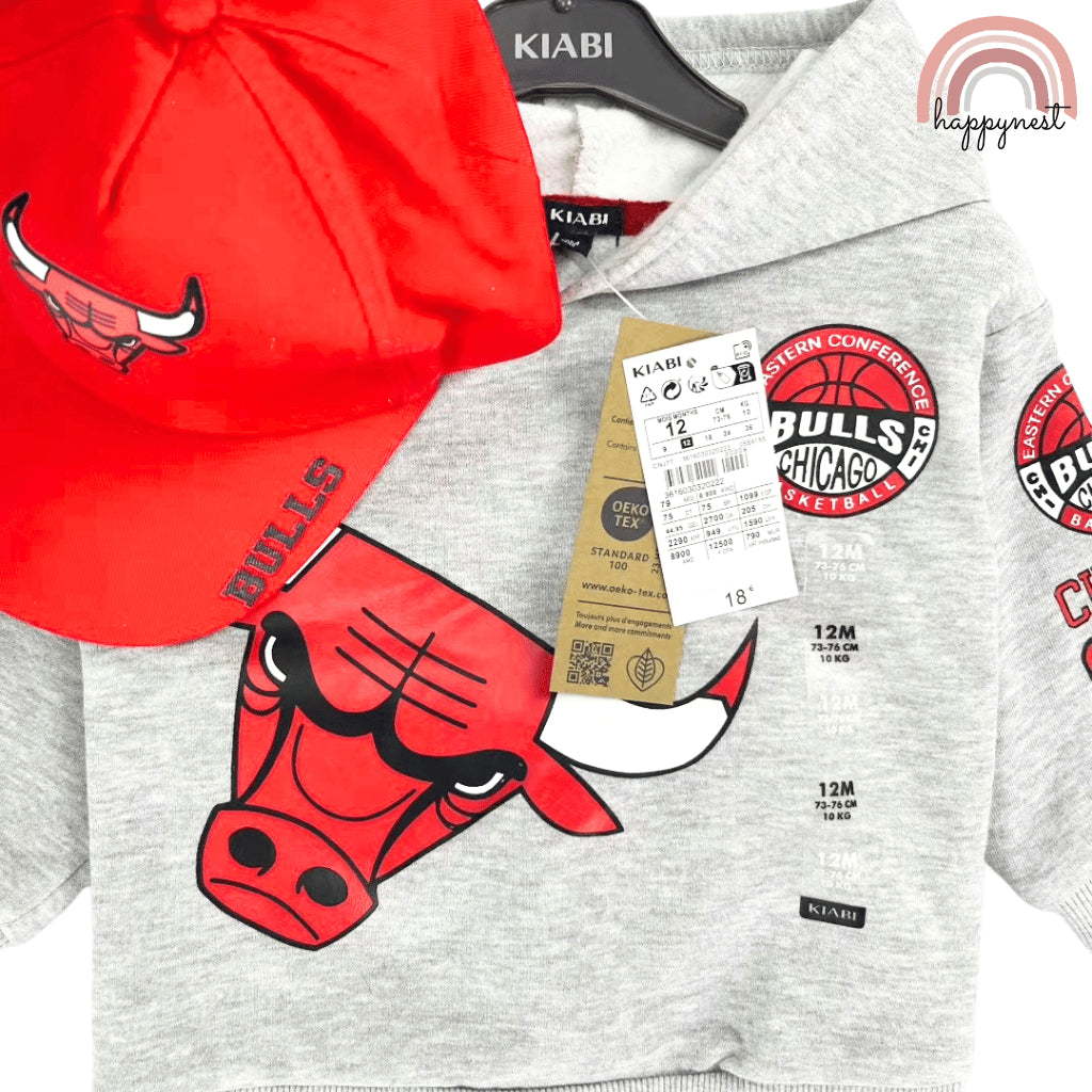 Chicago Bulls Baby Boys 3PC Tracksuit – Hoodie, Jogger Pants & Red Cap Set 6–36M (SS538)