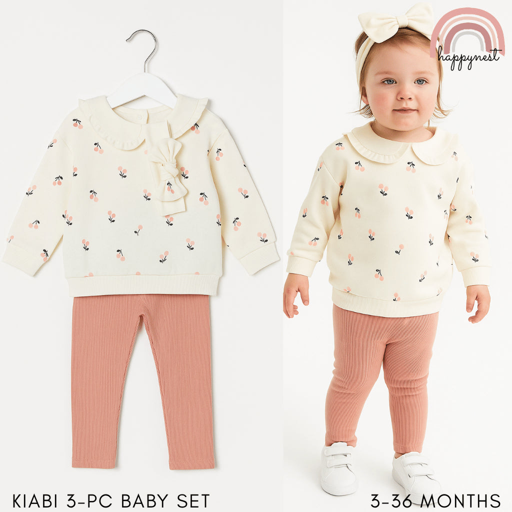 Kiabi 3-Piece Baby Girl Cherry Top, Ribbed Leggings & Bow Set (3–36 Months) | SS554