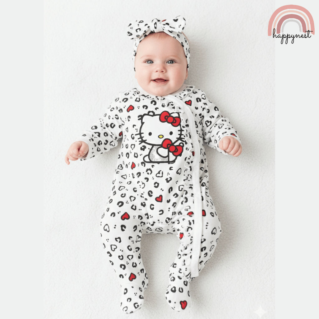 Hello Kitty Baby Overalls Leopard Print Footed & Headband Set AA394 Newborn - 9 Months