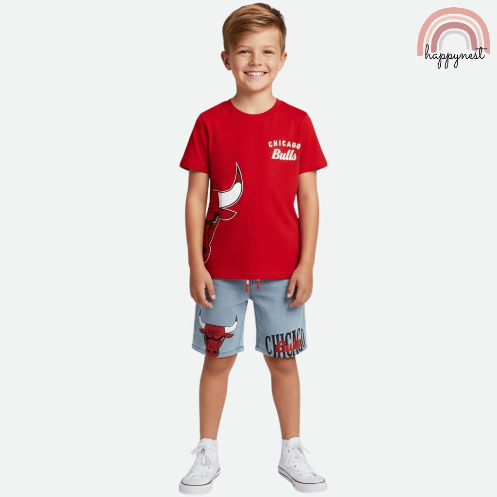 Chicago Bulls Kids 2-Pc Outfit Set - Red Graphic Tee & Denim Shorts (Ages 2-10) AA469
