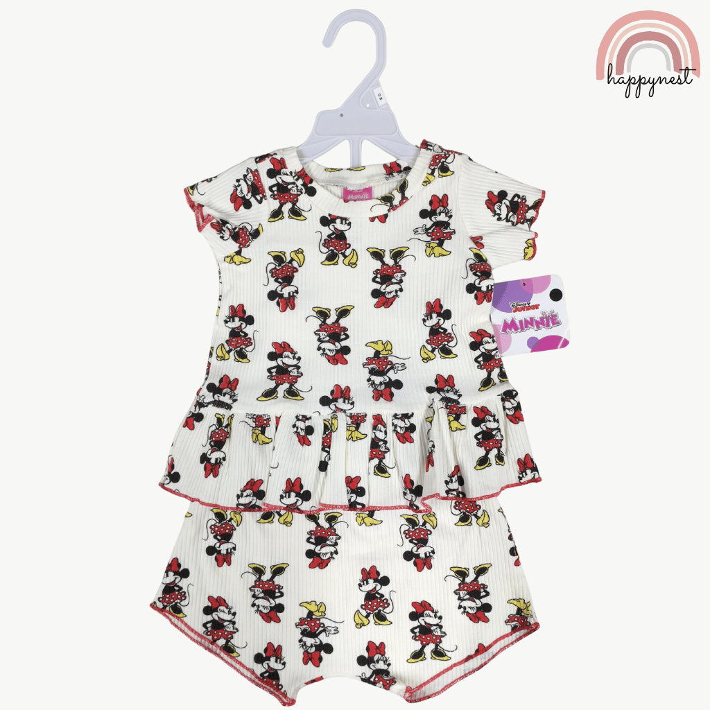 Disney Minnie Mouse Toddler Girls 2-Pc Ruffle Set | White Ribbed Cotton | 12-24 Months (B6)