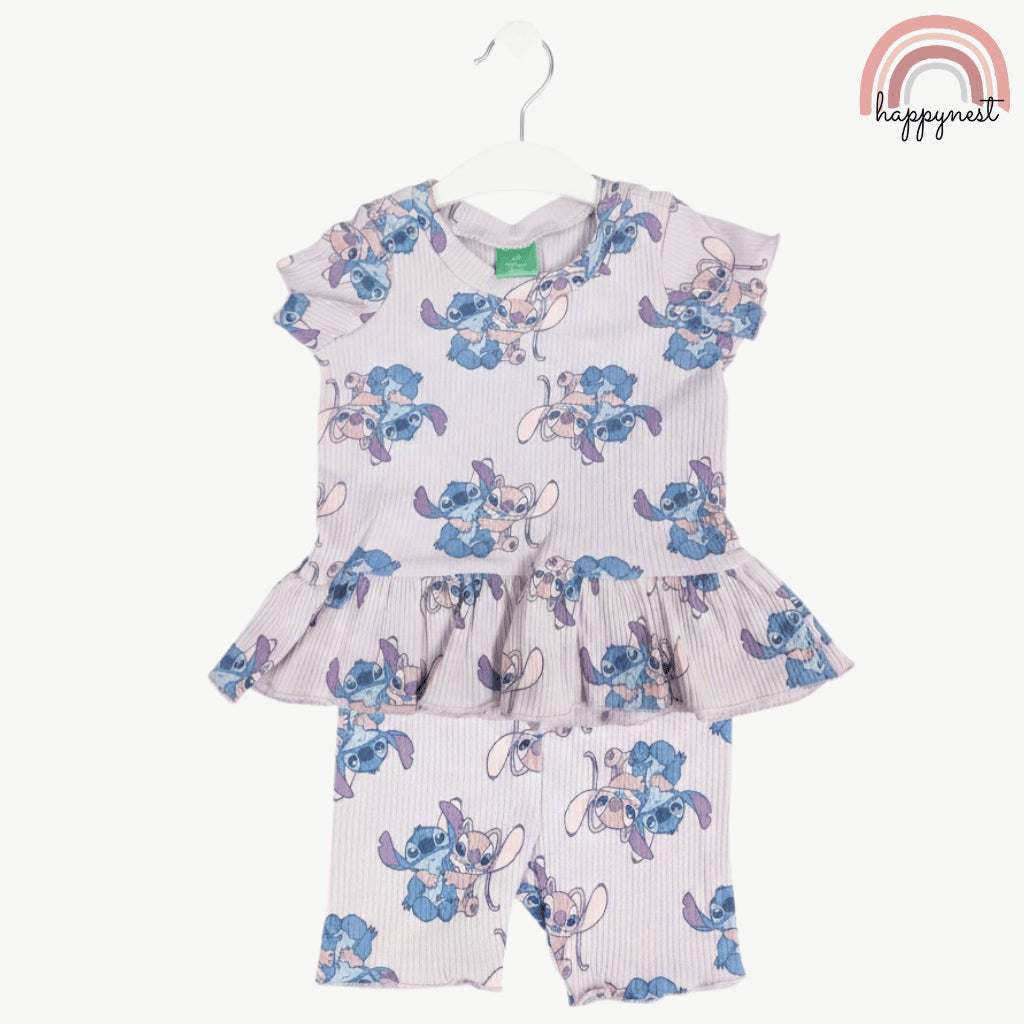 Disney Stitch & Angel Toddler Girls 2-Pc Ruffle Top & Shorts Set | Ribbed Cotton | 12-24 Months (B9)