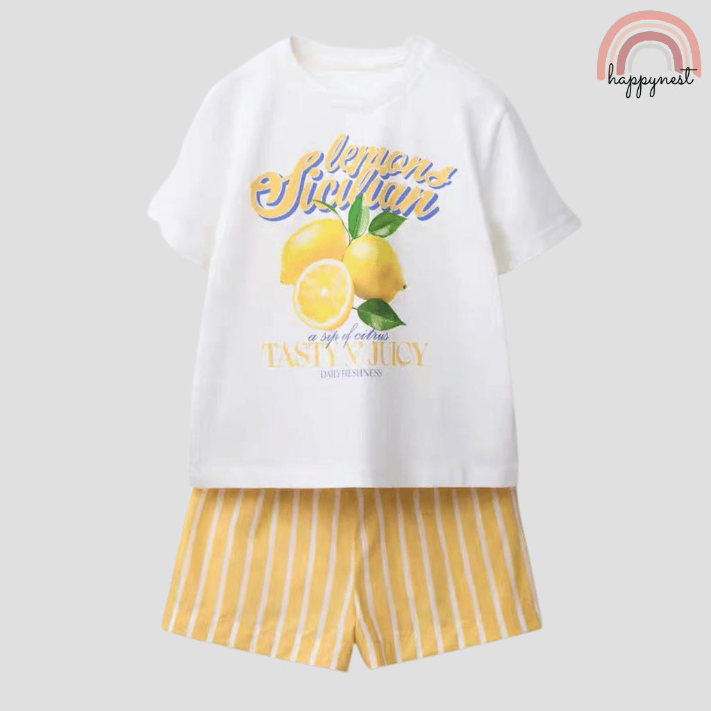 Sicilian Lemons Girls 2-Pc T-Shirt & Striped Shorts Set | Fresh Summer Outfit | 2-10 Years (AA488)