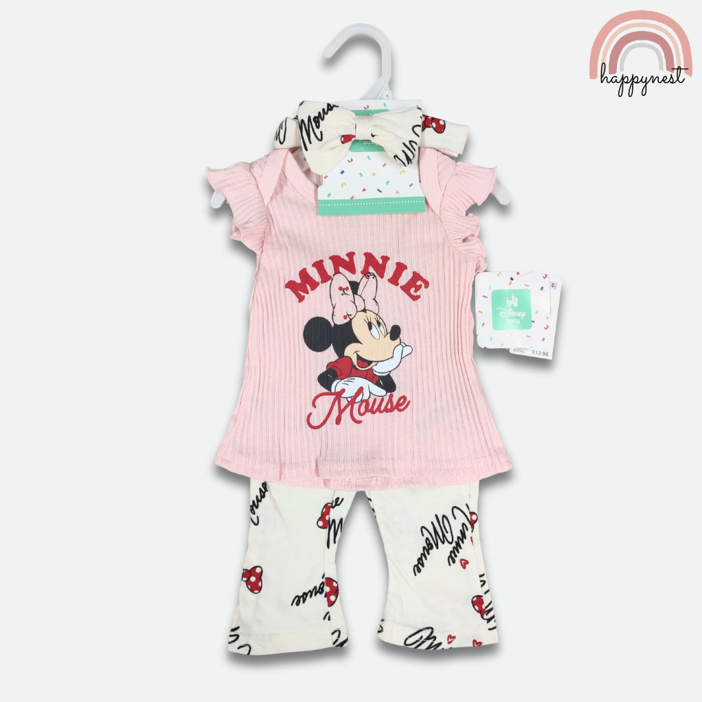 Minnie Baby Girl 3-Pc Pink Ribbed Set | Classic Disney Style | 3-24 Months | B75