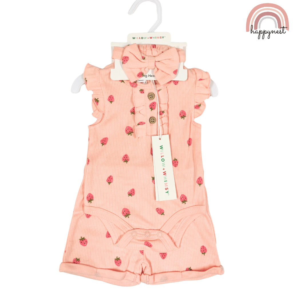 Baby Girl Orange Clothes 3pcs Strawberry Romper Shorts and Headband Outfit 0-12M AA320