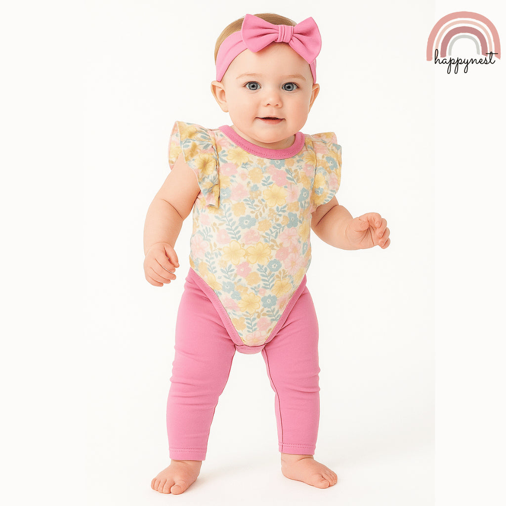 Baby Girl Clothes 3pcs Floral Romper Pink Pants and Headband Outfit 0-9M AA277