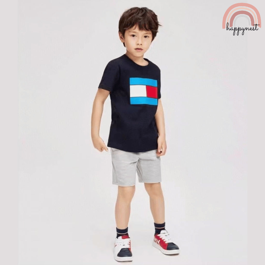 Boys Casual OOTD – Navy Blue Graphic Shirt & Grey Shorts Set | 2–10 Years (AA309)