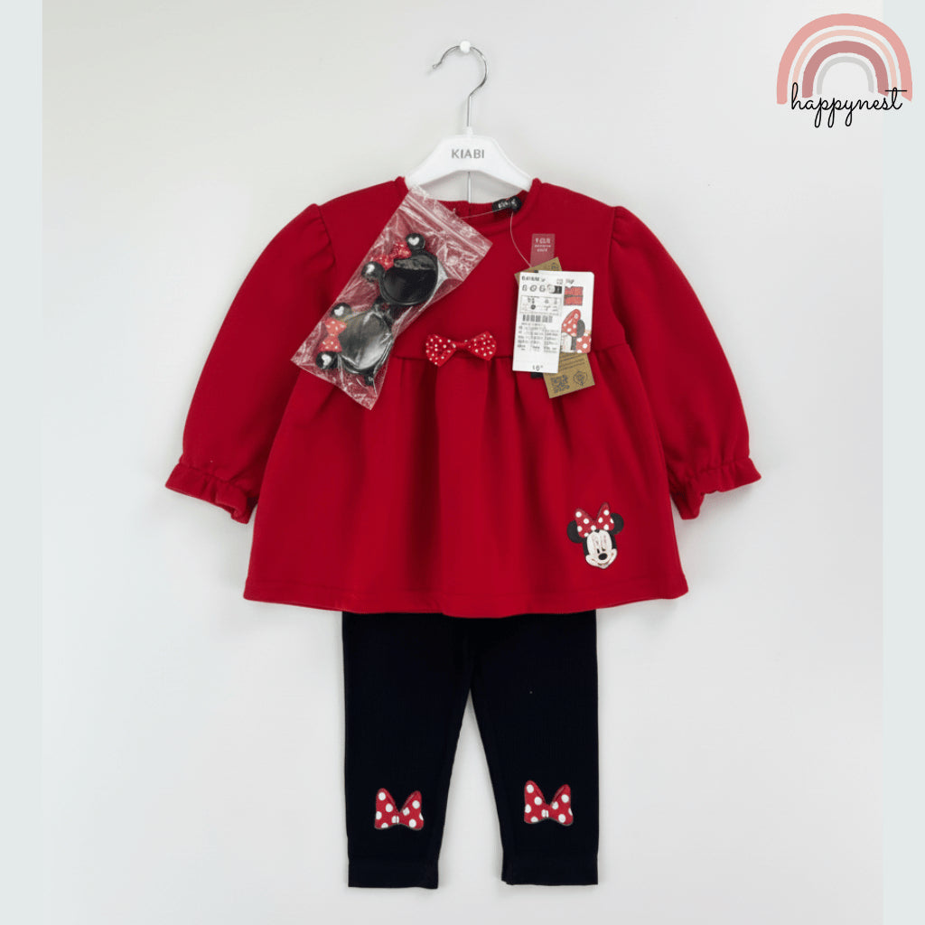 Minnie 3PC Red Outfit – Long Sleeve Dress Top, Leggings & Sunglasses | Overruns | 6–36M (SS559)
