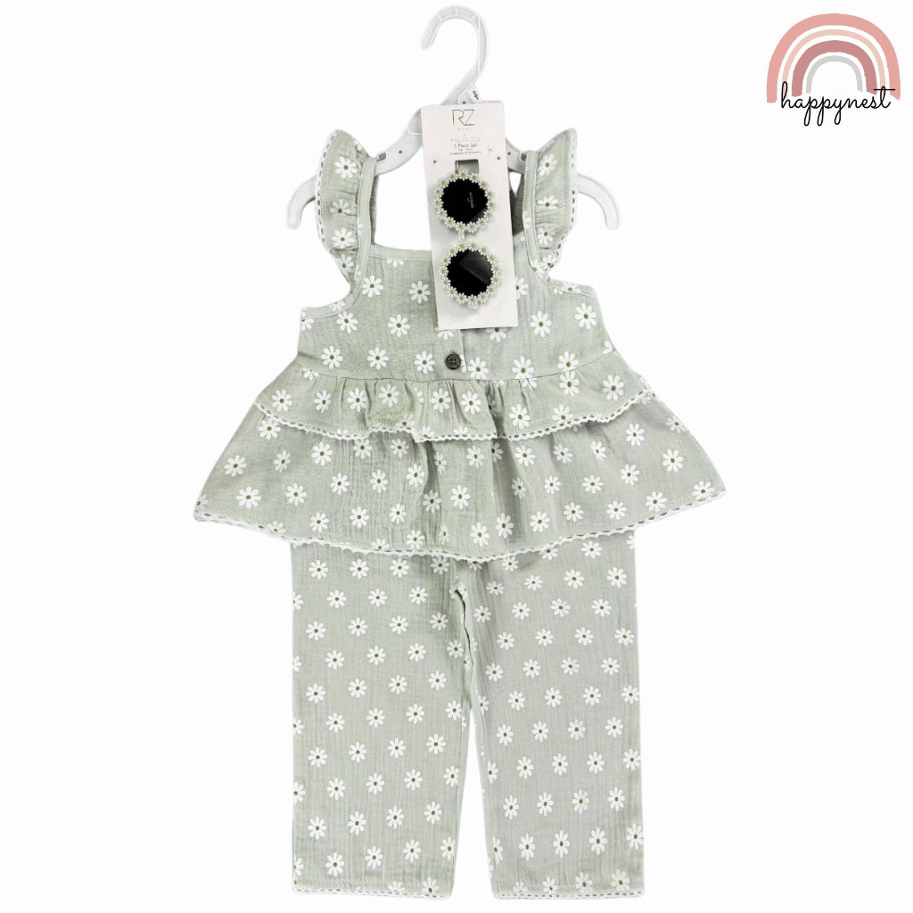 Rachel Zoe 3-Piece Sage Green Daisy Baby Set with Top, Pants & Sunglasses (2–4 Years) | AA368