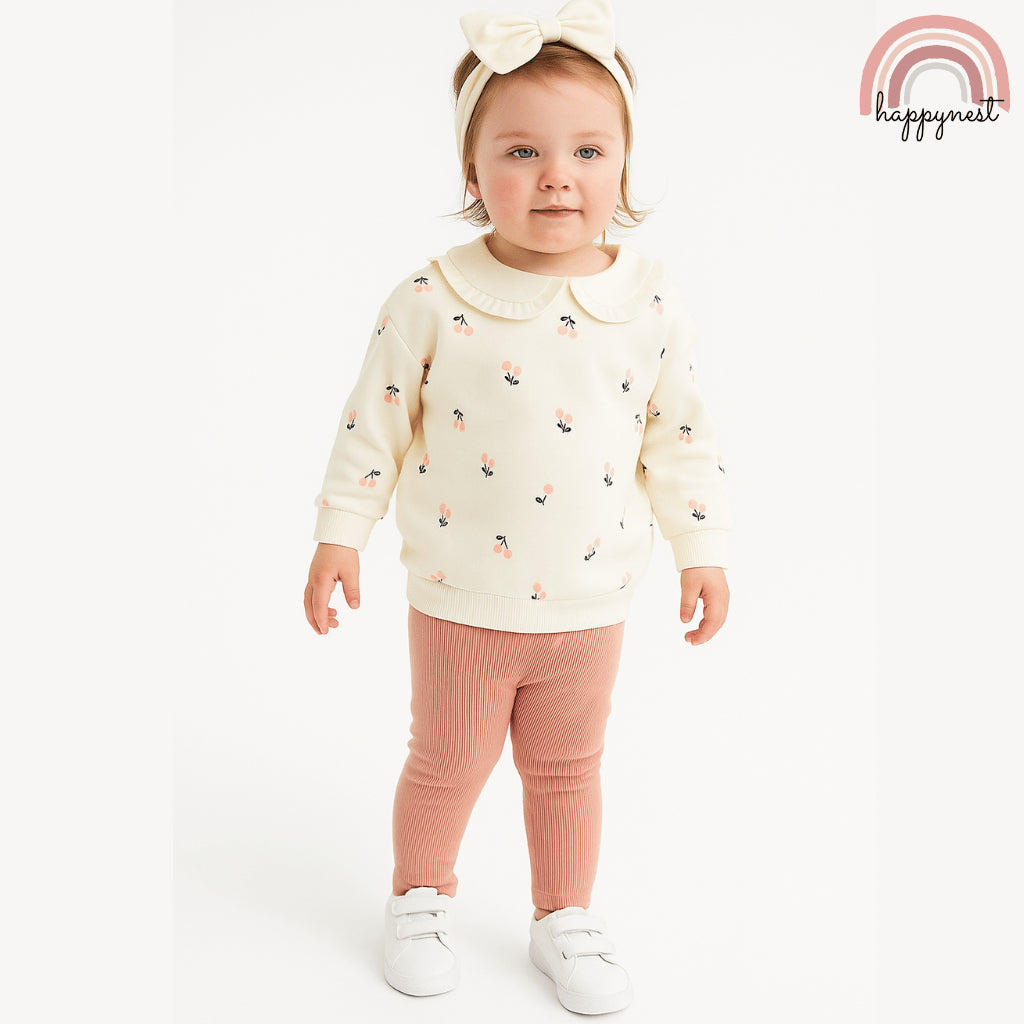 Kiabi 3-Piece Baby Girl Cherry Top, Ribbed Leggings & Bow Set (3–36 Months) | SS554