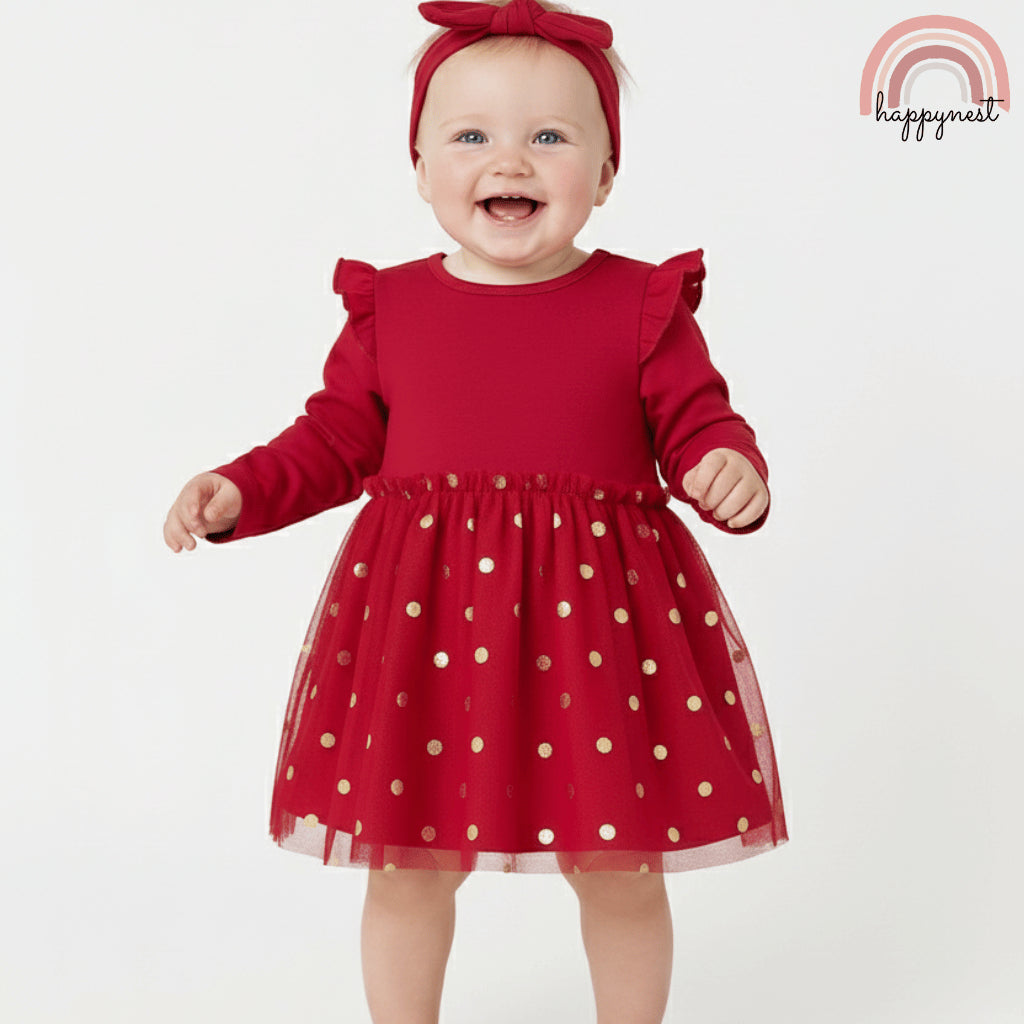 Baby Girl Dress Tutu Red Set Just Lizzy 2-Piece Red Gold Dots  (0-12 Months) AA19