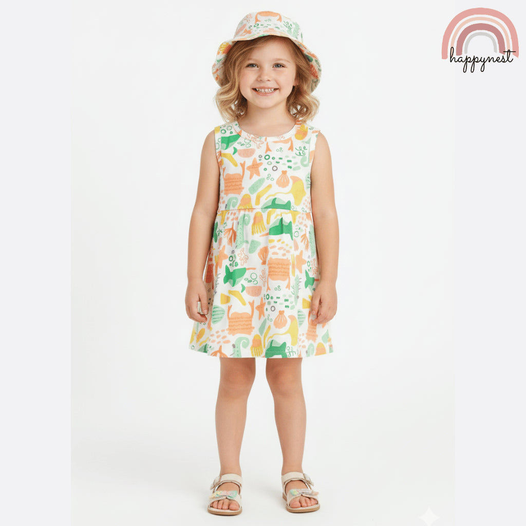 Fun Sea Life Ocean Print Dress and Hat Terno for Toddler Girls 2-4 Years AA377