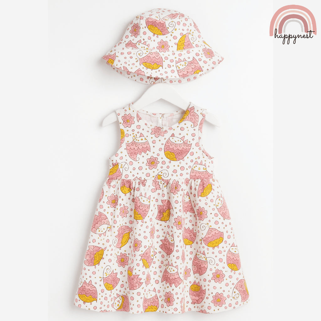 Sweet Owl and Flowers Print Dress and Hat Terno for Little Girls 4-7 Years AA379