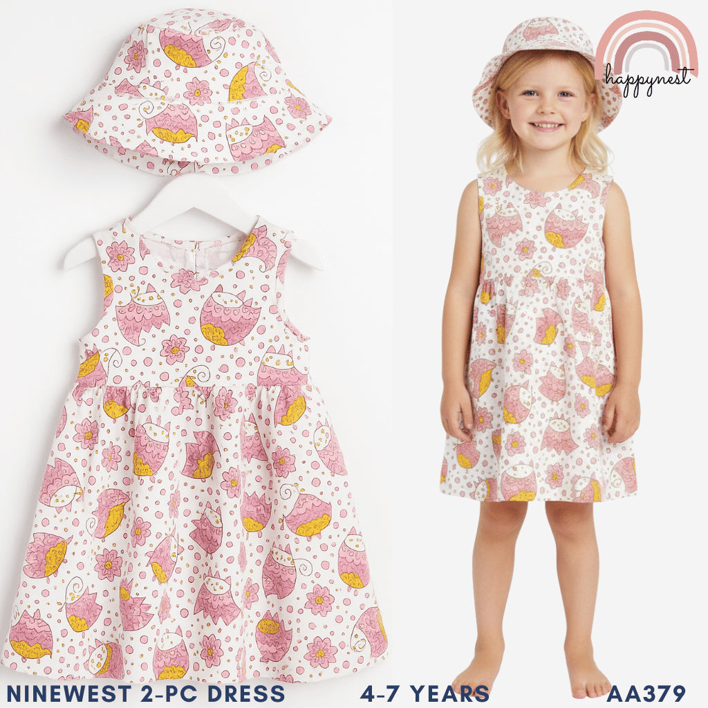 Sweet Owl and Flowers Print Dress and Hat Terno for Little Girls 4-7 Years AA379