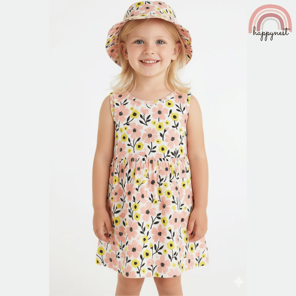Pink & Yellow Floral Dress & Hat Set for Girls 12-24M AA381
