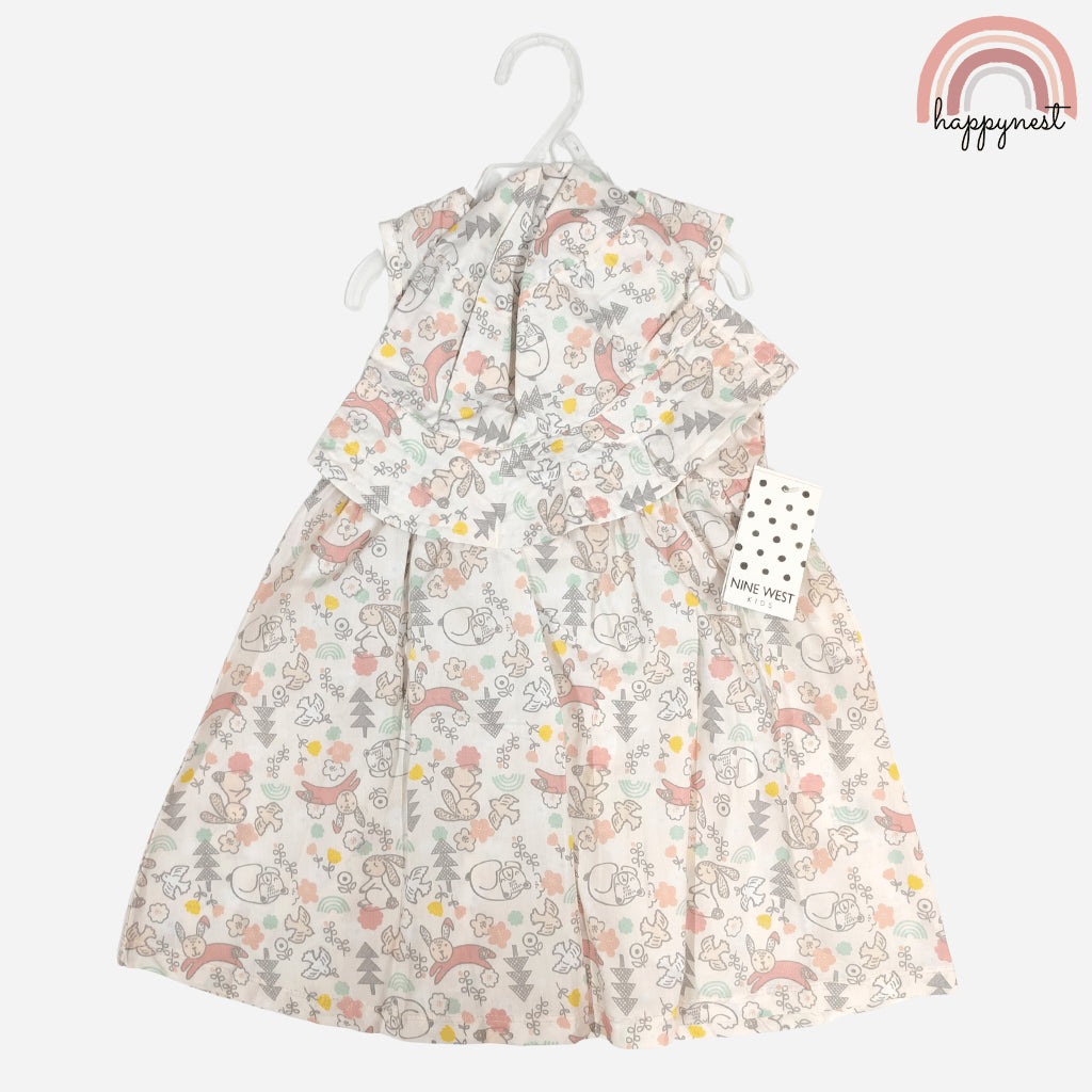 Woodland Bunny Print Dress & Hat Set for Girls 4-7Y AA383