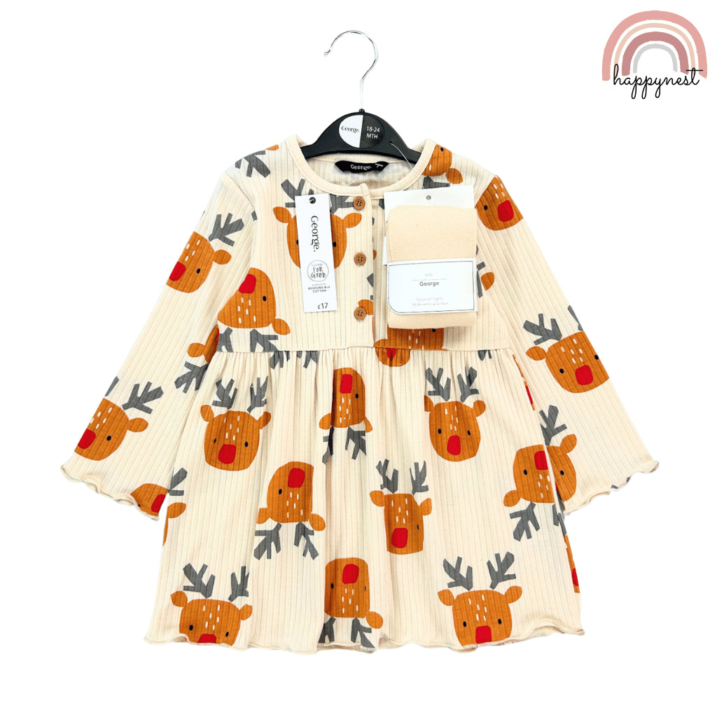 George Reindeer Dress & Tights Set Christmas Holiday Terno (3-36M) | AA429