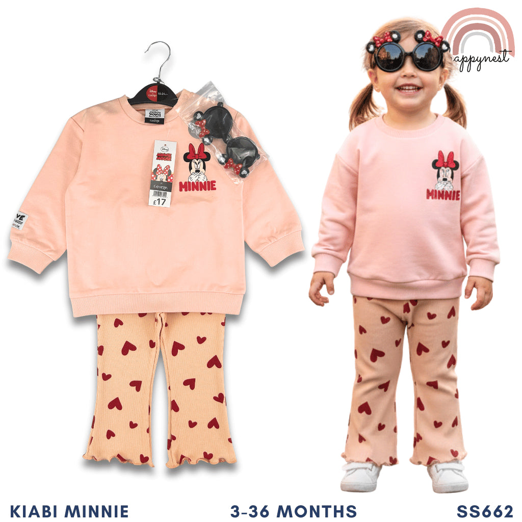 Minnie Peach Sweatshirt, Heart Flare Pants & Sunglasses Set 3-Piece – SS662 3-36 Months
